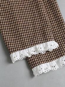 Sweetra Vintage French Houndstooth Jacquard Wool Short Jacket With Ruffle Hem, Feminine Girl Style, Cinched Waist, Puff Sleeves, Delicate White Embroidered Lace Trim, Velvet Bow Decor, Classic Versatile For Dates, Outings And Light Office Commute, Women's Woolen - Mocha Brown - View 6