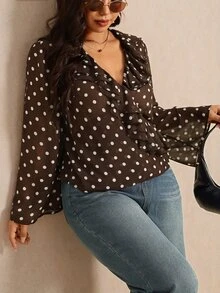 Elaquor Plus Size Women's Polka Dot Pattern Ruffle Collar Long Sleeve Fashion Blouse - Coffee Brown - View 3