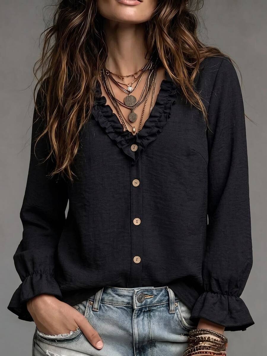 LUMIGAL Women's Spring/Autumn Patchwork Ruffle Hem Solid Color Fashion Elegant Boho Casual Blouse Everyday Travel Black - Black - View 1