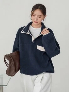 Dazy-Less Women's Colorblock Drop Shoulder Long Sleeve Button Half-Placket Casual Sweatshirt Business Casual Woman Fall - Navy Blue - View 3