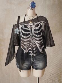 SHEIN CURVE+ Plus Size Halloween Skeleton Print Mesh Top For Women - Multicolor - View 4