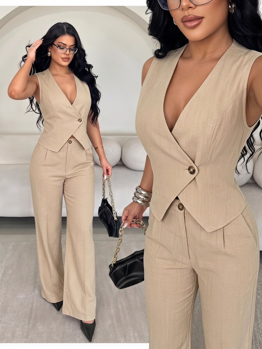 SHEIN SXY Setelan Rompi dan Celana Panjang Wanita Ukuran Besar Warna Polos dengan Leher V - Khaki - View 1