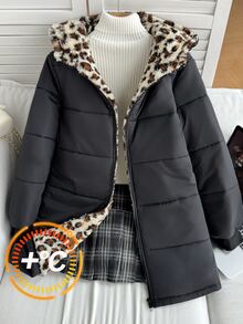 SHEIN 青少年女孩冬季中長款長袖加厚棉襖，內裡刷毛，人造毛領帽，保暖舒適，純色時尚日常秋季穿搭外套 - 黑色 - 查看 3