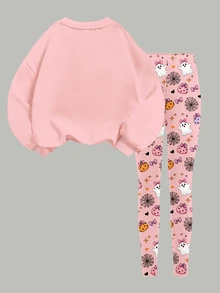 SHEIN 甜美粉色與黑色萬聖節南瓜、幽靈、蜘蛛網、波點圖案，「Hey Bootiful」不給糖就搗蛋！女童休閒柔軟寬鬆圓領套頭運動衫與內搭褲套裝，秋冬日常穿著新風格，萬聖節、甜美風、南瓜季，BOO! - 彩色 - 查看 2