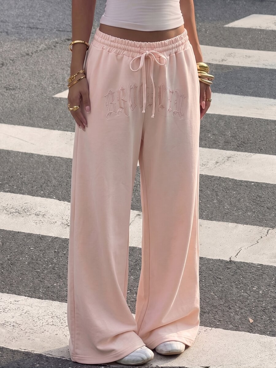 SHEIN EZwear Women's Soft Style Light Apricot Pink Applique Embroidered Draped Elastic Drawstring Wide Leg Floor Length Sweatpants - Pink - View 1
