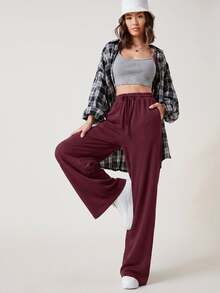 SHEIN BASICS Terry Fleece Wide Leg Drawstring Waist Pants Summer Outfit For Women - Burgundy - View 3