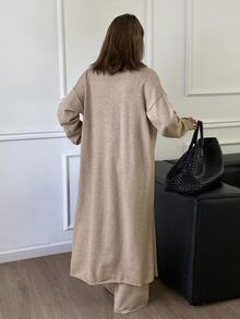 Livesso Tall Bộ đồ len nữ màu trơn gồm áo hai dây, áo choàng và quần dài cho mùa thu đông - Màu Khaki - Xem 2