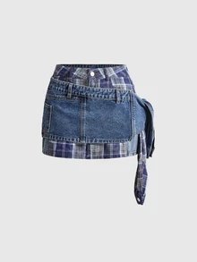 ROMWE Street Life Women's Denim Skirt, Vintage Punk Street Style Patchwork 2 In 1 Tie-Up Denim Skirt - Blue - View 1