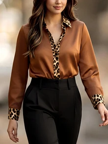 Velvienne Women's Plus Size Elegant Casual Daily Commute Colorblock Faux Silk Satin Patchwork Brown Leopard Print Long Sleeve Button-Up Loose Blouse Fall - Multicolor - View 5