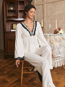 Côtesoire Women's Romantic Elegant Polka Dot Print Contrast Color Lace Long Sleeve Long Pants Pajama Set - Black and White - View 6