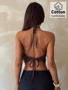 Aloruh Brown Sexy Lace Patchwork Satin Top, Backless Top For Music Festival And Concert - Coffee Brown - View 2