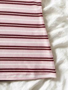 IslaSuriya Plus Size Women's Striped Button Half-Placket Short Sleeve Casual T-Shirt - Pink - View 3