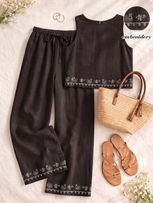 Rusticease Women's Cashew Embroidery Round Neck Tank Top And Long Pants Casual Set - Coffee Brown - View 3