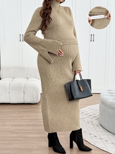SHEIN Maternity Solid Color Turtleneck Long Sleeve Sweater And Adjustable Waist Knit Skirt Set