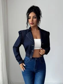Elenzga Damers mode street kort denimtopp med knappar - Blå - Visa 5