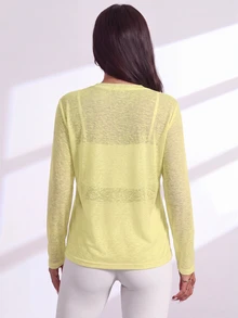 SHEIN Sovereign Charm تي شيرت رياضي كاجوال متعدد الاستخدامات بلون موحد وأكمام طويلة - أصفر فاتح - مشاهدة 2