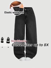 SHEIN CURVE+ 大尺碼休閒水洗寬鬆牛仔褲 - 黑色 - 查看 2