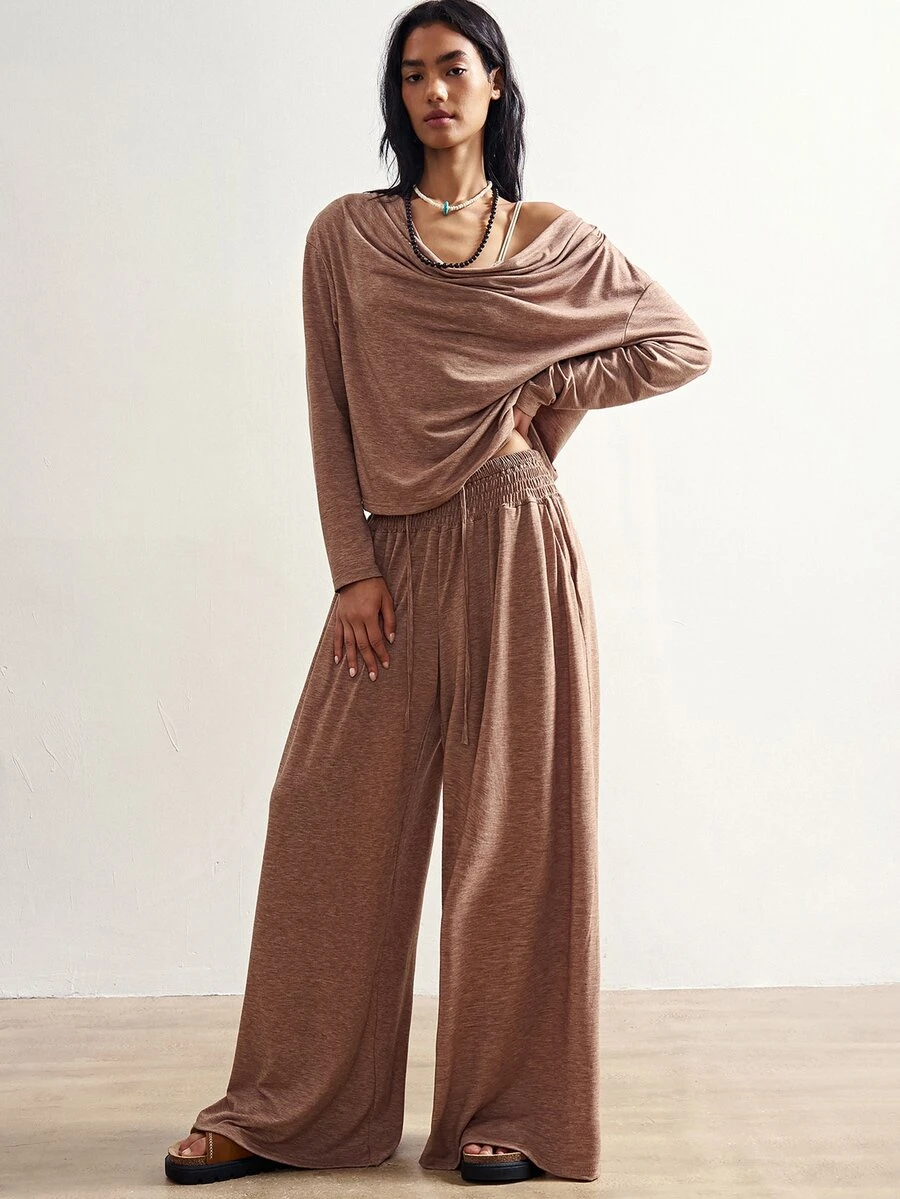 Bohemela Women's Solid Color Asymmetric Shoulder Long Sleeve T-Shirt And Pants Casual Set - Khaki - View 1