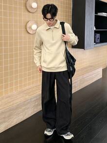 Mirajuku 青少年男孩休閒學院風 Polo 領半拉鍊運動衫，適合校園、休閒與運動穿著 - 杏色 - 查看 5
