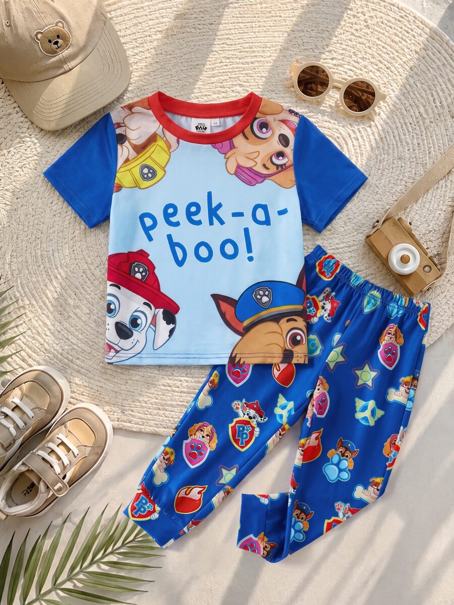 Maija Kids SHEIN | PAW Patrol Maija Kids 小男孩夏季可愛休閒卡通圖案短袖T恤與鬆緊腰長褲套裝 - 藍色 - 查看 1