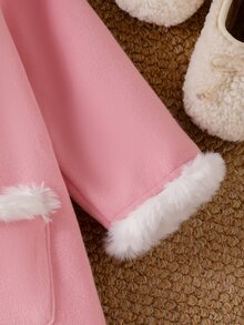 SHEIN Playful Pals 女嬰粉色羊毛大衣，白色毛領與袖口，A字版型時尚外套，適合外出，可愛且時尚 - 粉色 - 查看 6