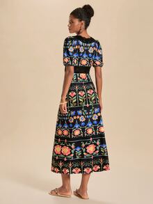 Travachic Women's Contrast Lace Floral Pattern Short Petal Sleeve Elegant Dress - Multicolor - View 2