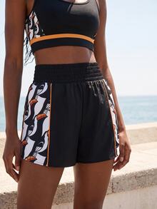 CAJUNI Black Gym Shorts Featuring A Toucan Print On The Sides And Orange Binding Detail- Activewear. - Black and White - View 4