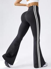 SHEIN EZwear 女款高腰長褲，春夏新款側條紋撞色喇叭褲，舒適，適合騎單車及其他運動。秋季長褲，適合日常通勤、派對、秋冬/春夏、聖誕節、新年、感恩節、派對、婚禮、海灘、畢業典禮、優雅、外出、約會、通勤、情人節、優雅、度假 - 黑色 - 查看 2