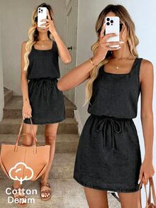 SHEIN LUNE 女款方領腰部綁帶休閒無袖牛仔洋裝 灰色 秋季 度假教師穿搭 - 黑色 - 查看 3