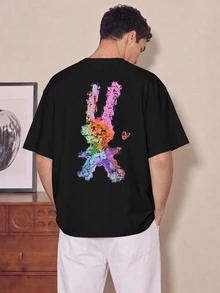 FROVYX Colorful Graffiti Art Rabbit Silhouette Short Sleeve T-Shirt, Artistic Contrast Color Graffiti Rabbit Loose Fit T-Shirt, Suitable For Weekend Friends Gatherings And Socializing, Ideal For Young People Seeking Personalized Expression, Loving Art Graffiti Style And Street Fashion Culture - Black - View 4