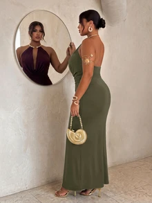 Firerie Plus Size Sexy Draped Neck Backless Summer Dress - Army Green - View 2