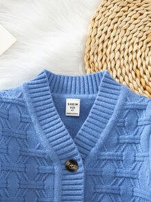 SHEIN Vintaside Kids 小男孩秋冬休閒素色紋理開襟毛衣 - 藍色 - 查看 7