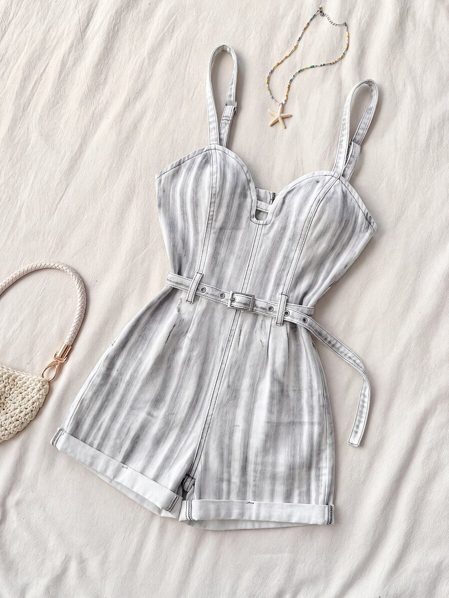 Elamini Women's Summer Casual Denim Romper - White - View 1