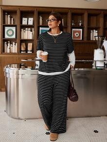 Muchica Plus-Size Black And White Striped Layered T-Shirt And Trouser Set Is Casual And Versatile, Suitable For Home Relaxation In Autumn And Winter. - Black and White - View 5