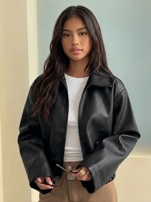 SHEIN Sparklyn Jaket Kulit PU Serbaguna dengan Kerah Lipat, Cocok untuk Remaja Perempuan, Gaya Kasual Musim Gugur/Dingin, Sehari-hari, Kelas Atas, untuk Perjalanan Sekolah, dan Aktivitas Luar Ruangan. - Hitam - View 3