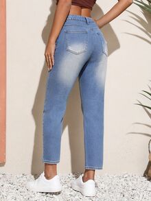 SHEIN PETITE 女款休閒百搭日常旅行牛仔褲，附口袋與鈕扣設計 - 藍色 - 查看 2
