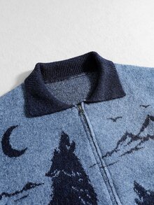 ROMWE MEN Men's Animal Jacquard Knit Cardigan, Vintage Fashion - Blue - View 4