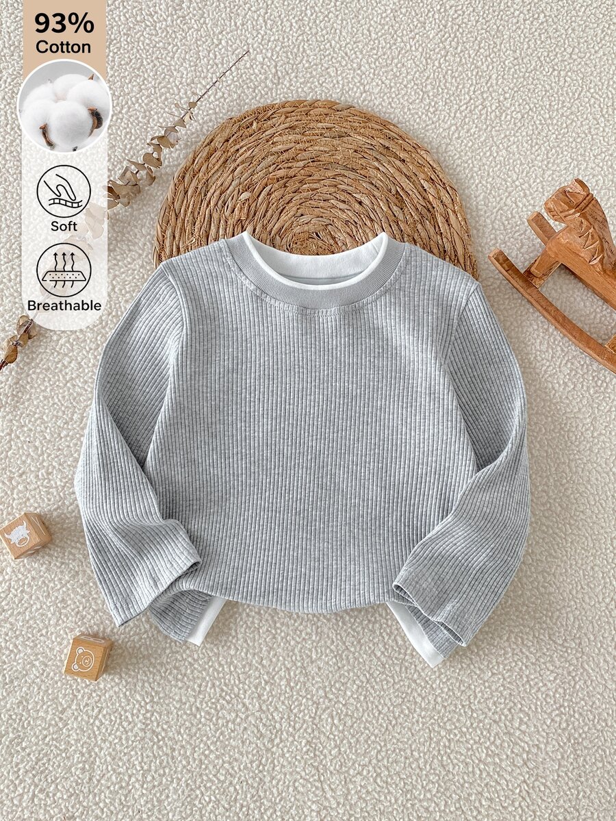 SHEIN Playful Pals Boys' Grey Ribbed 2 In 1 Long Sleeve Top, Loose & Comfortable, Minimalist Versatile Knit Sweater