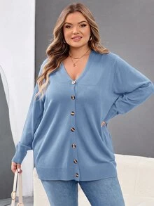 SHEIN CURVE+ 大尺碼女款純色休閒百搭日常開襟衫 - 淺藍色 - 查看 7