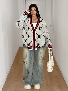 Maweii Plus Size Women's Knitwear Cardigan, Long Sleeve, Irregular Pattern, Loose, Casual, Autumn/Winter - Multicolor - View 3