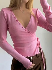 Dazy Tall Women's Deep V-Neck Long Sleeve Elegant Pullover Pink T-Shirt Fall - Pink - View 9