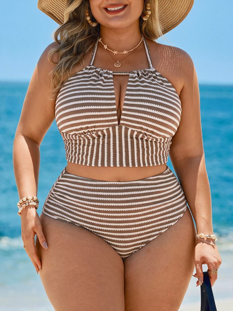 Swim Mod Plus Size Women's Summer Beach Striped Halter Tie Sexy Fashion Bikini Two-Piece Swimsuit Set - Multicolor - View 3