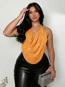 Firerie Plus Size Women's Cowl Neck Fashion Sexy Halter Tank Top - Coral Orange - View 7