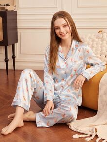 Provexi Provexi Women's Long Sleeve Long Pants Cartoon Print 2 Pieces Pajama Set Lounge Sleep Light Blue Autumn Romantic Cute - Blue and White - View 3