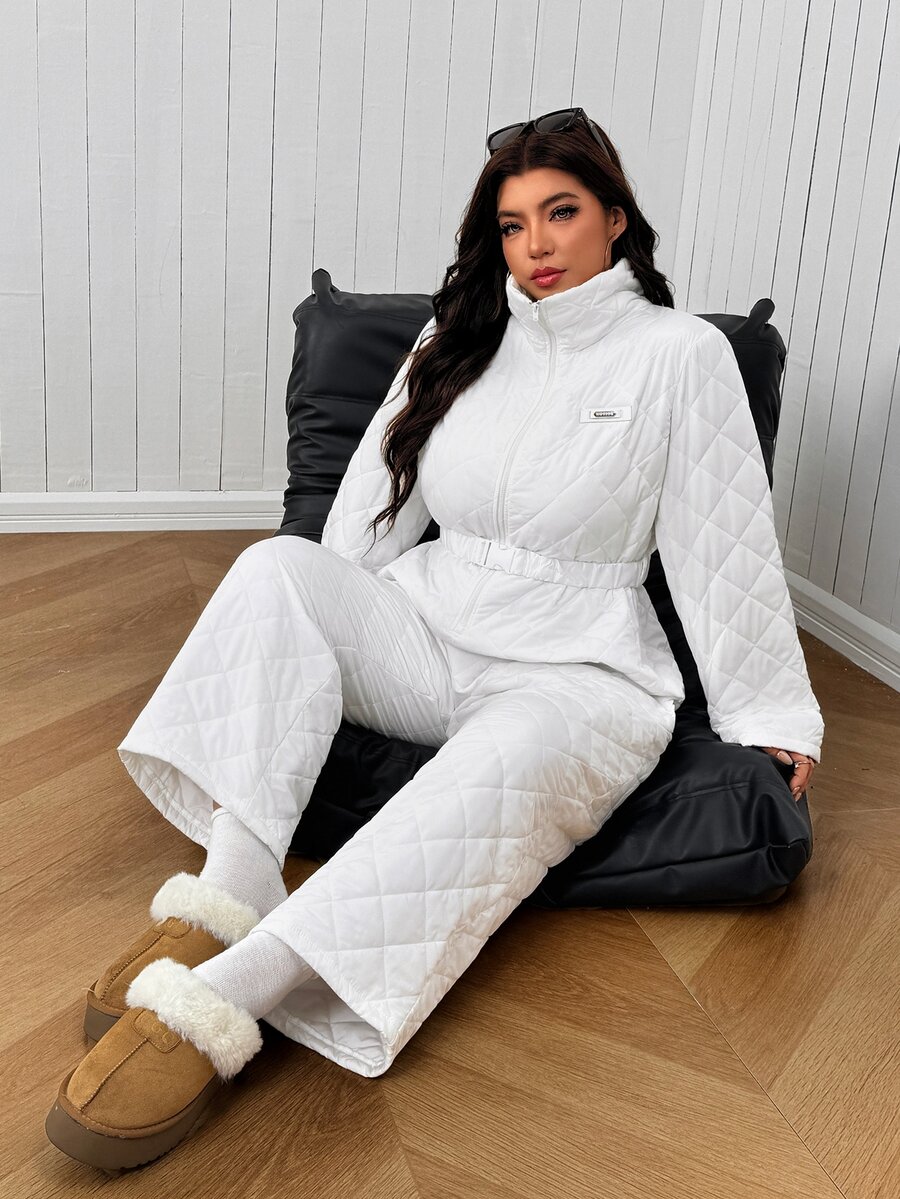 SHEIN EZwear Plus Size Women's Zipper Front Long Sleeve Casual Jumpsuit, Autumn/Winter - White - View 1
