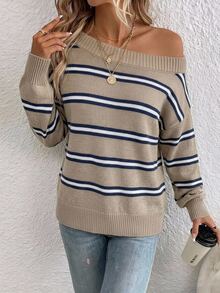 SHEIN LUNE 女款休閒法式露肩針織毛衣，適合秋冬，米色條紋不對稱肩設計，基礎上衣，適合早午餐穿搭 - 彩色 - 查看 4