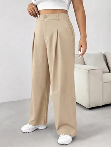 SHEIN PETITE CURVE Celana Panjang Kasual Kancing Polos Ukuran Besar dengan Potongan Lebar untuk Wisuda, Kembali ke Sekolah - Aprikot - View 3