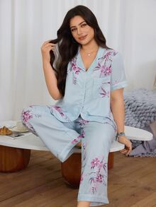 Serenescape Floral Print Bubble Crinkle Button-Down Lapel Short Sleeve Long Pants Plus Size Pajama Set - Blue - View 6