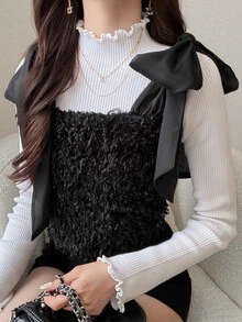FRIFUL Women's Fashionable Versatile Shoulder Knot Top - Black - View 8