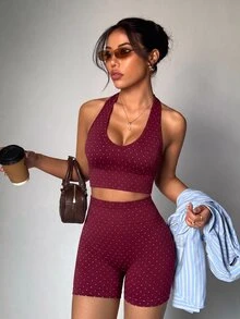 Slayform Women's Polka Dot Print Halter Neck Tank Top And Shorts Sports Set - Burgundy - View 1